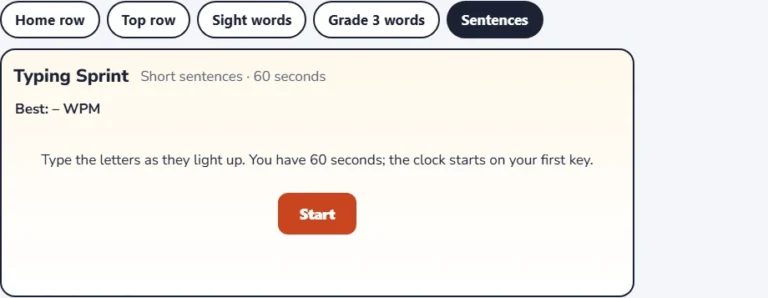Sentence typing practice start screen with the Sentences mode selected