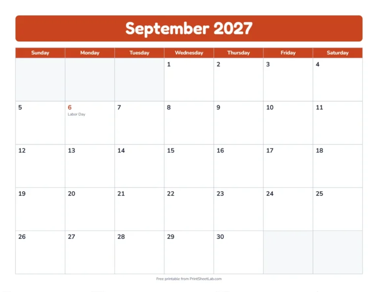 September 2027 calendar in the bold band design with big day boxes