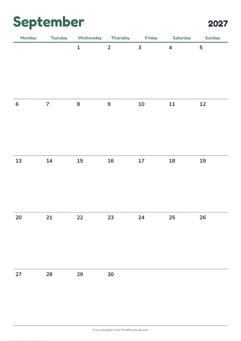 September 2027 calendar with holidays: Monday start on A4 with UK bank holidays