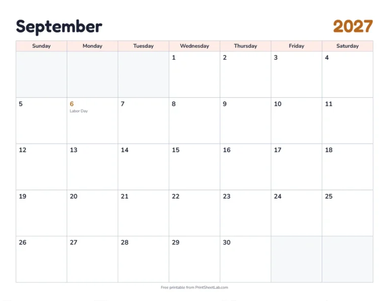 September 2027 calendar printable with US holidays in the classic design