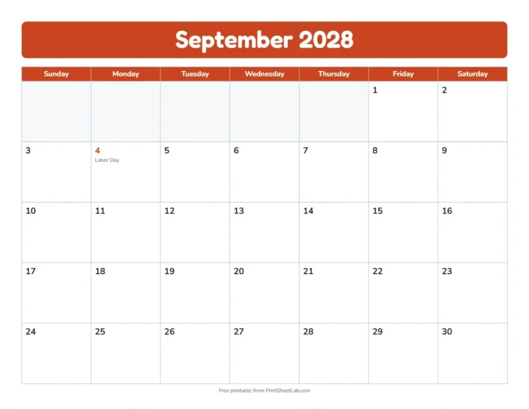 September 2028 calendar in the bold band design with big day boxes