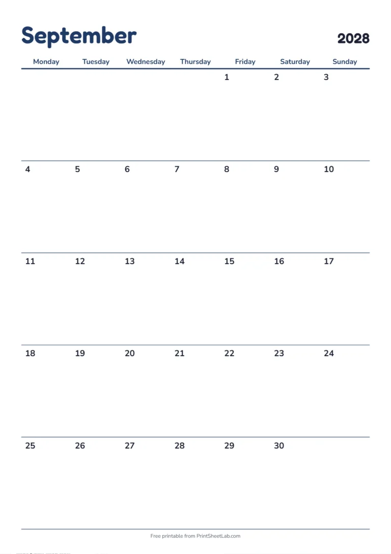 September 2028 calendar with holidays: Monday start on A4 with UK bank holidays