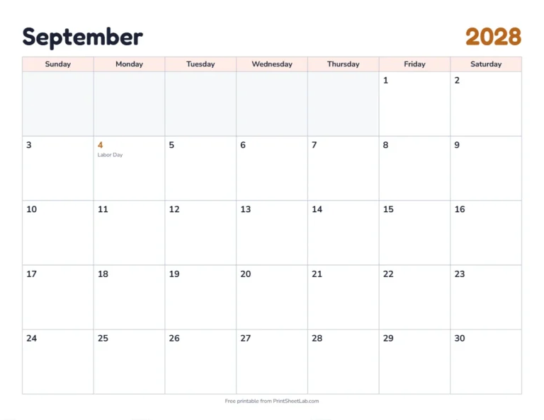 September 2028 calendar printable with US holidays in the classic design