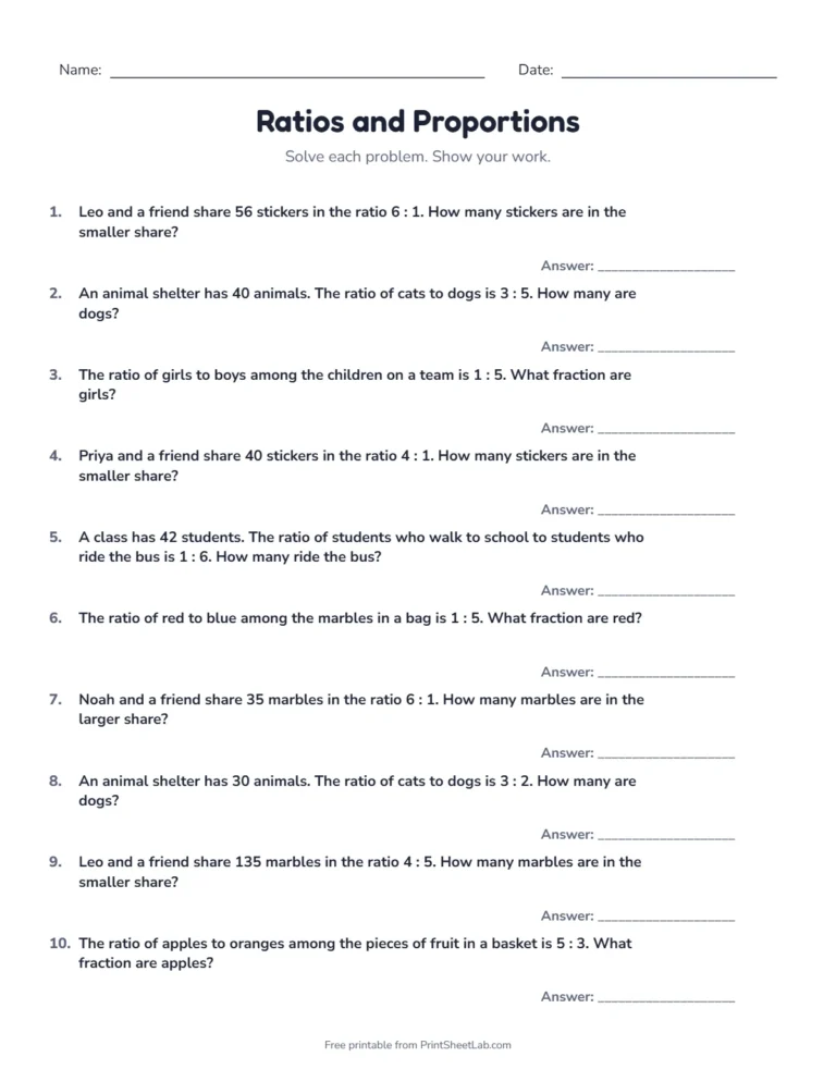 Ratio and proportion worksheets: sharing in a ratio and part-to-whole word problems