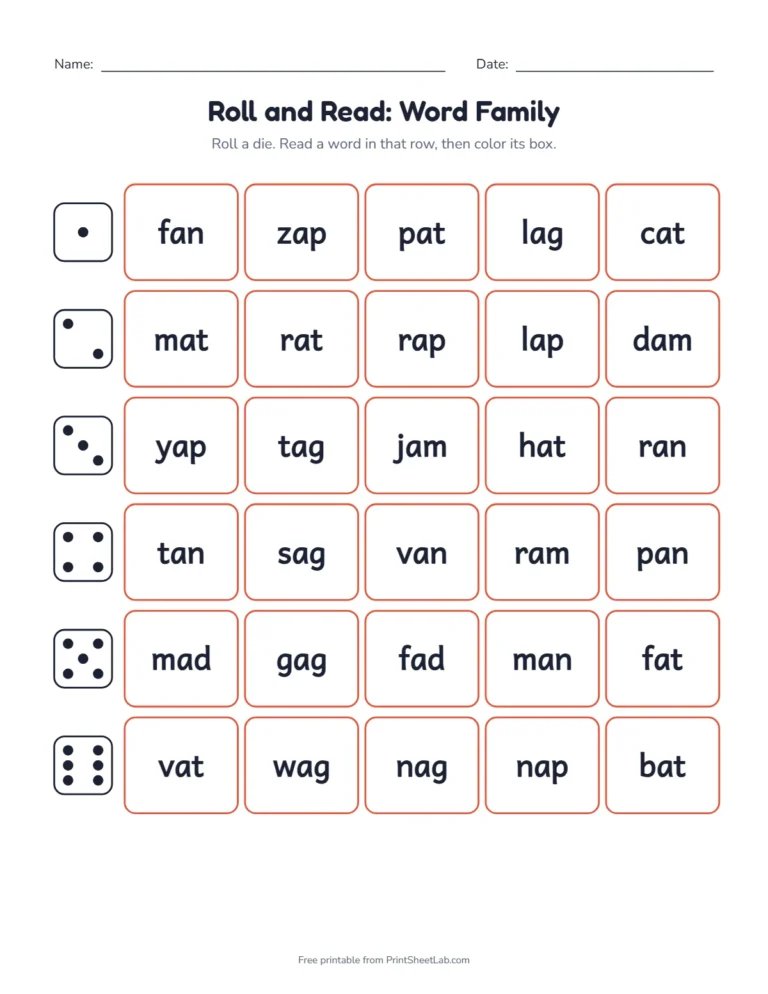 Roll and read word family game with six rows of five words for the short a families