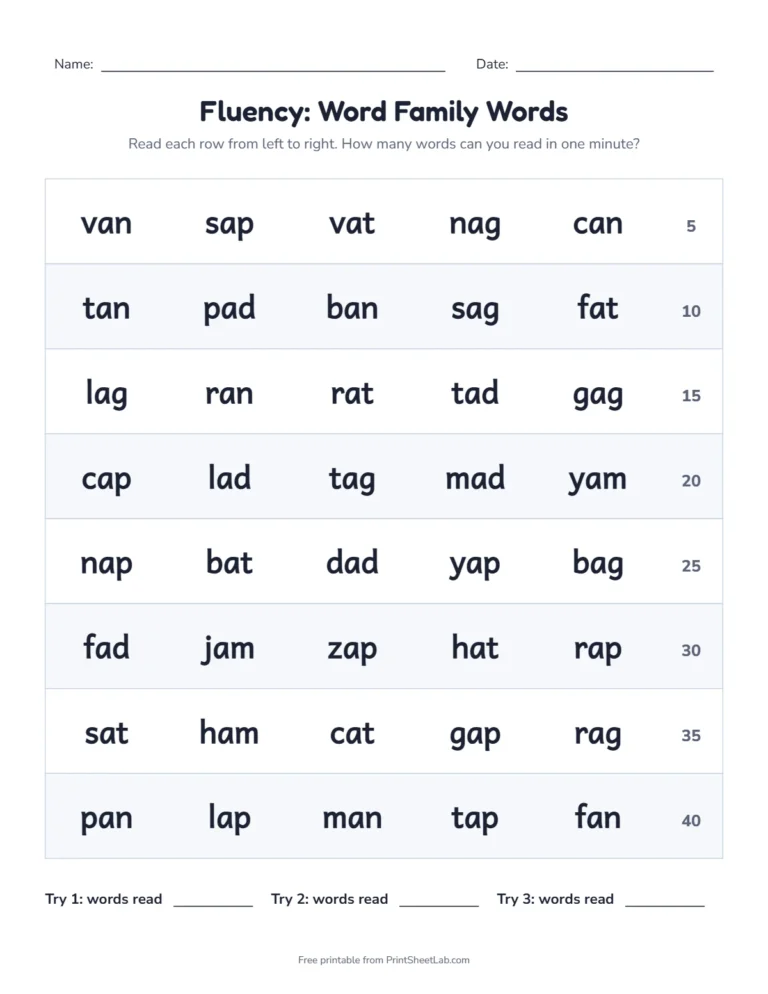 Word family fluency grid with 40 words and a running count for the short a families