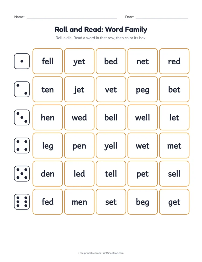Roll and read word family game with six rows of five words for the short e families