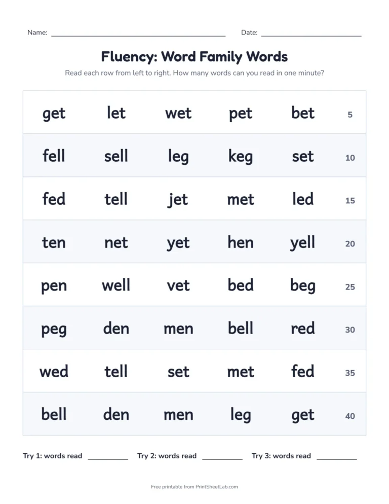 Word family fluency grid with 40 words and a running count for the short e families