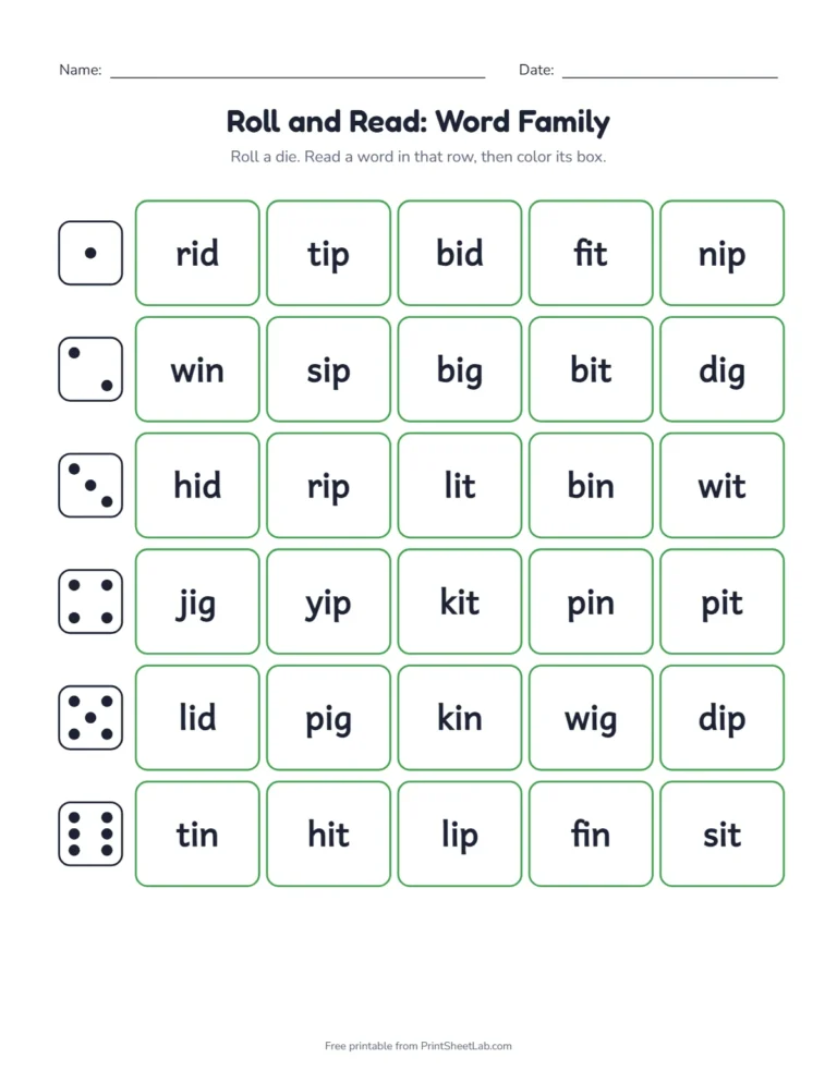 Roll and read word family game with six rows of five words for the short i families