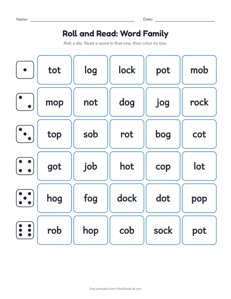 Roll and read word family game with six rows of five words for the short o families
