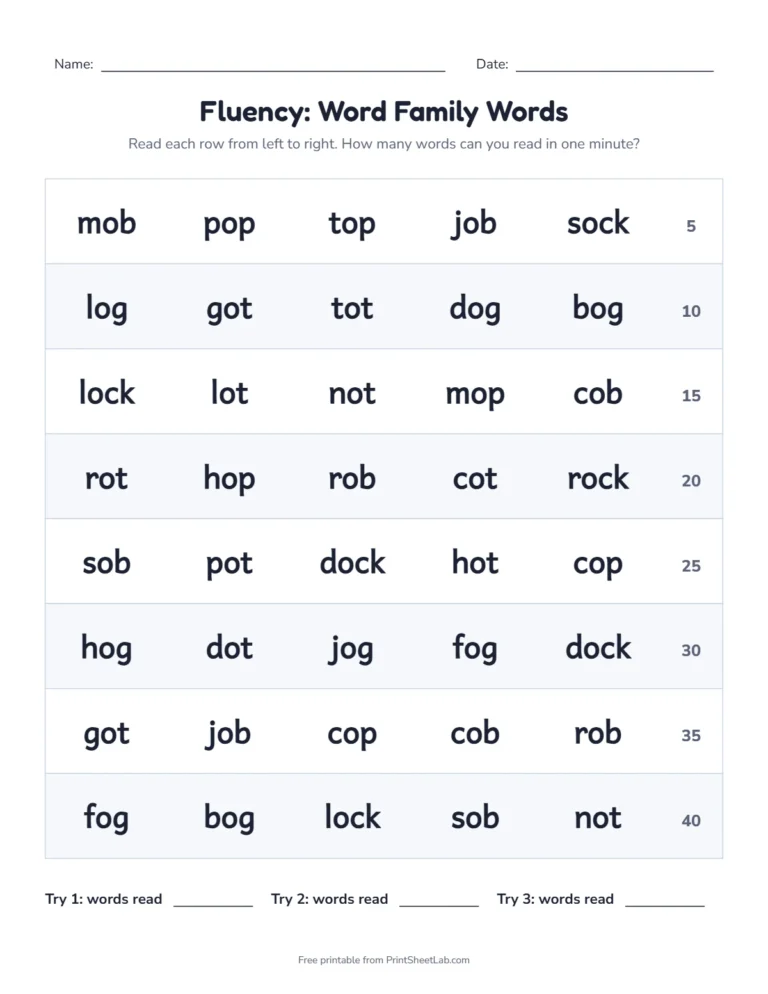 Word family fluency grid with 40 words and a running count for the short o families