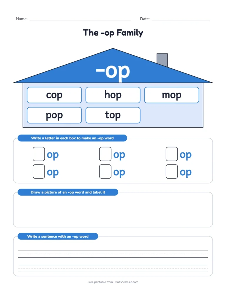 Short O word families worksheets: a word family house with the -op ending on the roof and words in the windows
