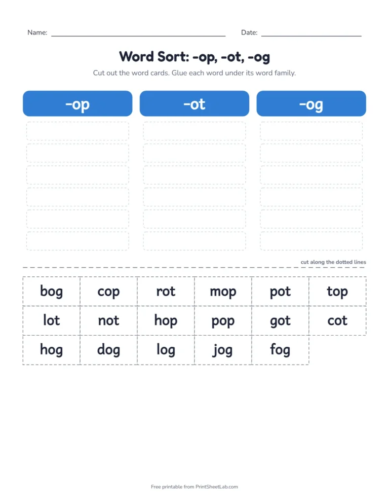 Short vowel word family sort: cut out word cards and glue them under the family endings -op, -ot, -og