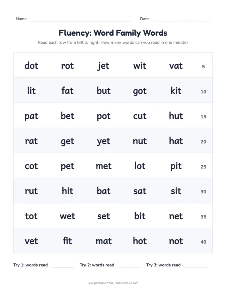 CVC words worksheet: a fluency grid with 40 mixed short vowel words and a running count