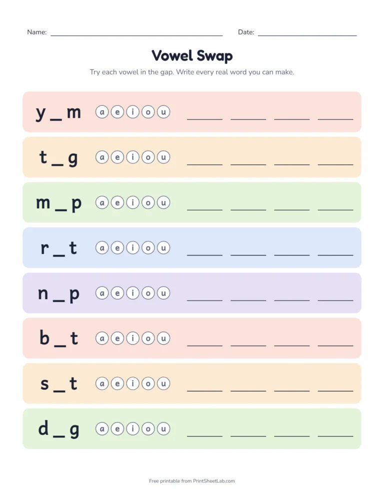 Short vowel review worksheets: a vowel swap page with frames such as c _ t and the five short vowels