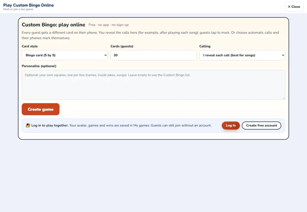 Setup screen of the custom bingo online game with card style, number of cards, calling mode and a box for your own words