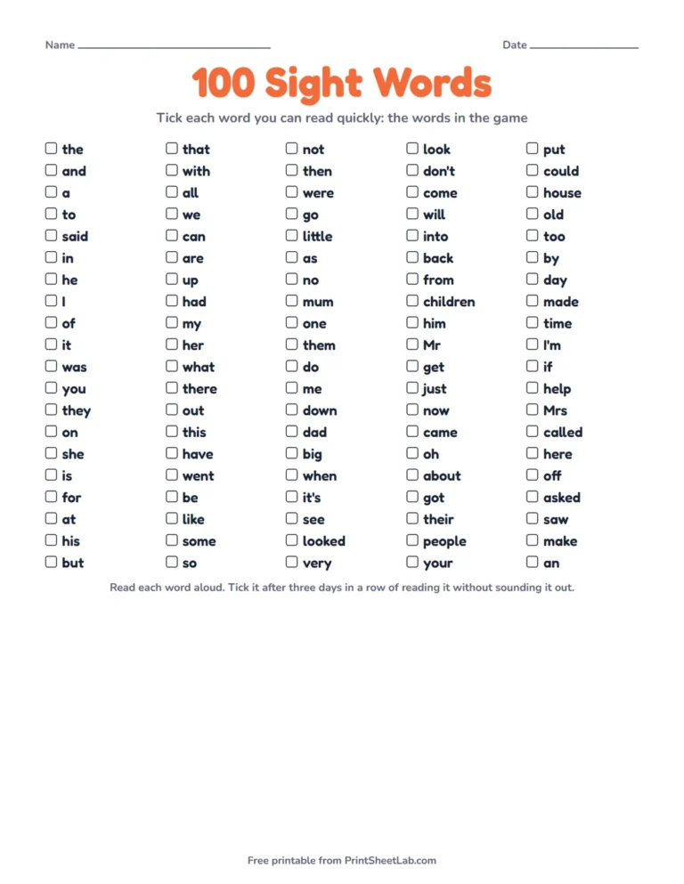 Sight words game checklist printable with 100 high frequency words and a tick box for each