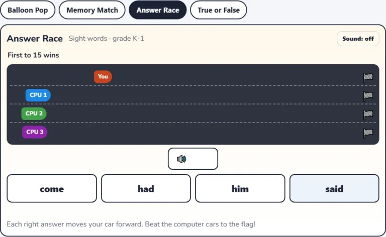 Sight words game Answer Race with a Listen button and four word choices