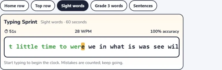 Sight words typing practice test in progress with common words and the words per minute counter