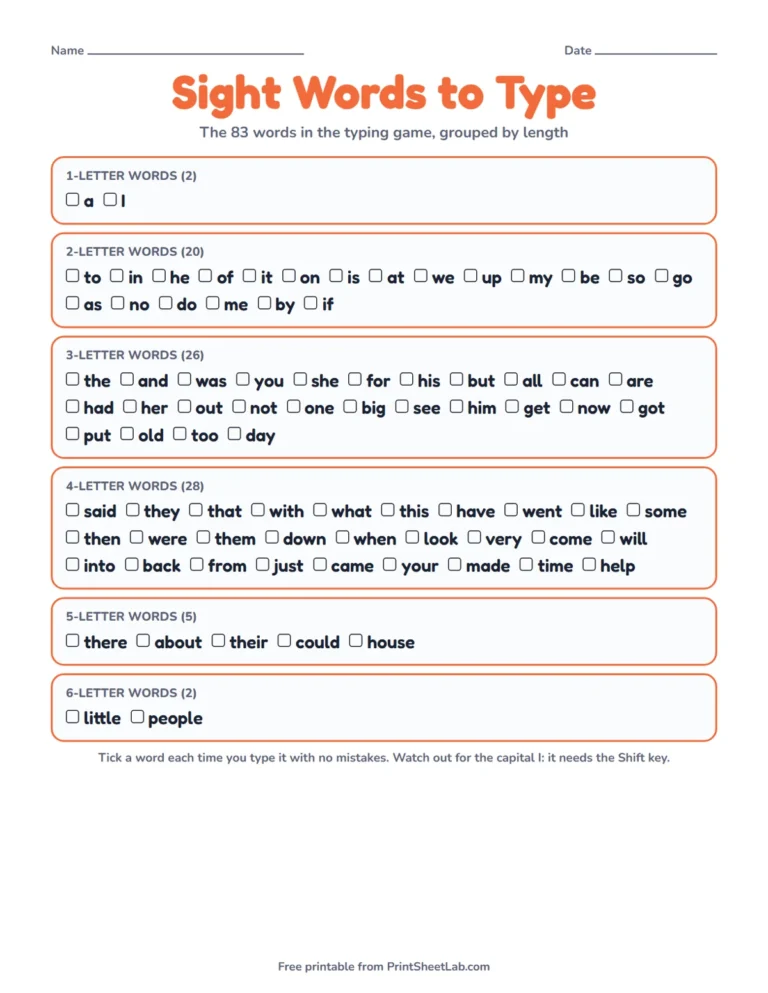 Sight words typing game list printable with 83 words grouped by length and a tick box for each