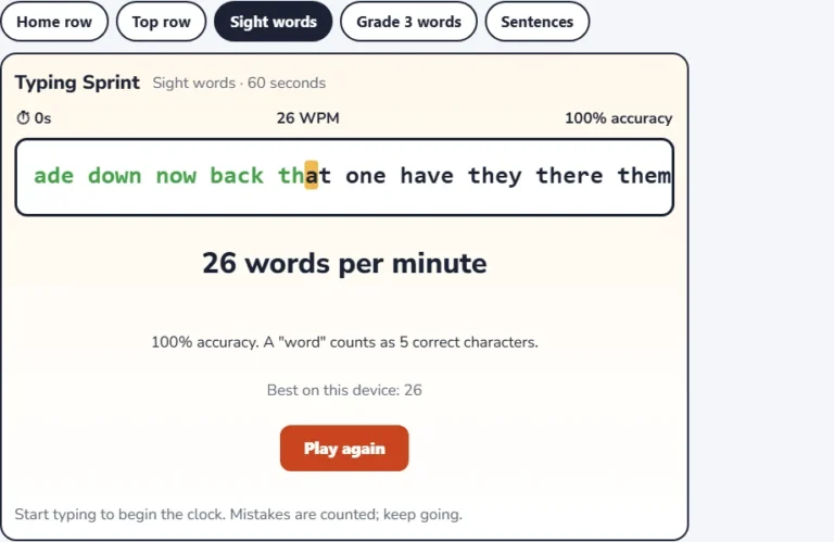 Sight words typing game results screen with words per minute and accuracy