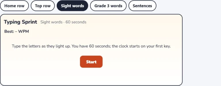 Sight words typing game start screen with the five typing modes