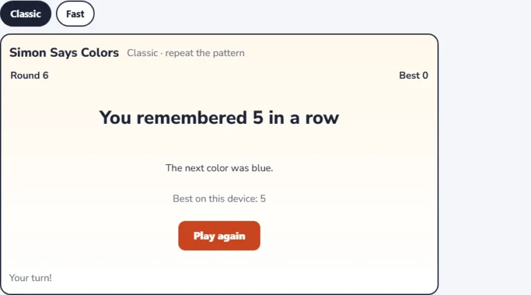 Simon says color memory game over screen: You remembered 5 in a row