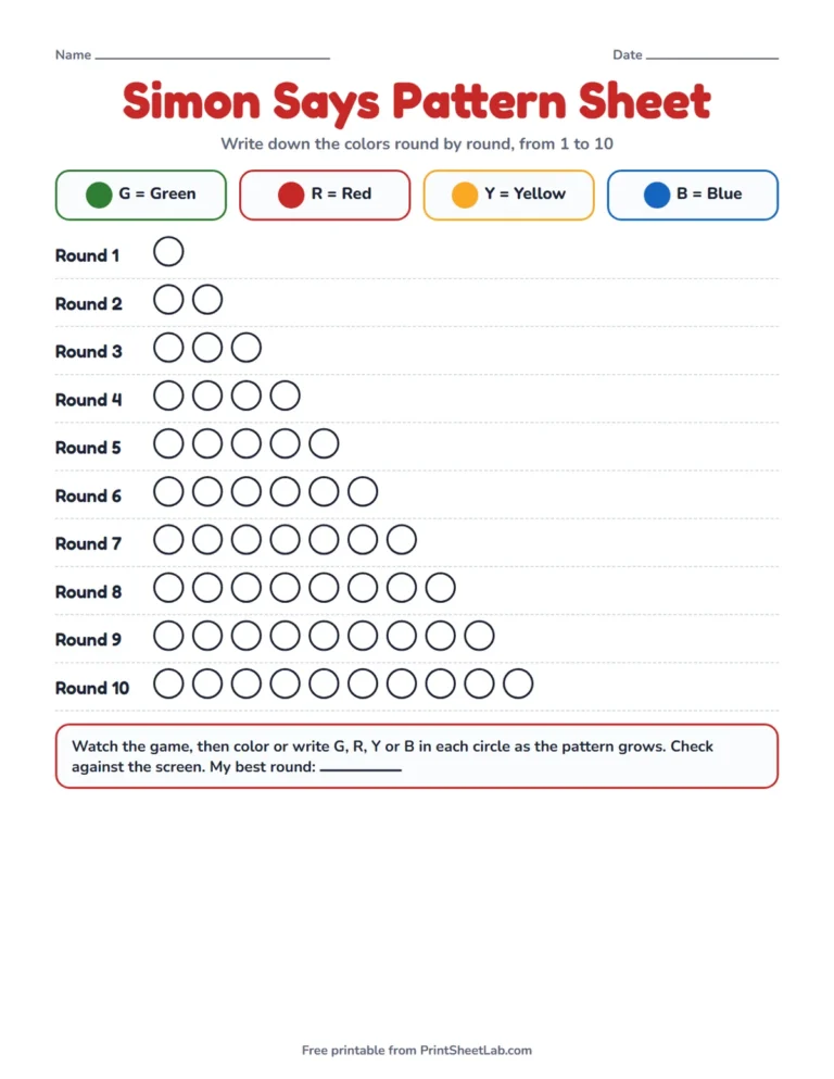 Simon says game pattern sheet printable with ten rounds of circles to color in