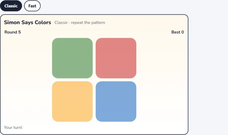 Simon memory game at round 5 with four colored pads waiting for the player