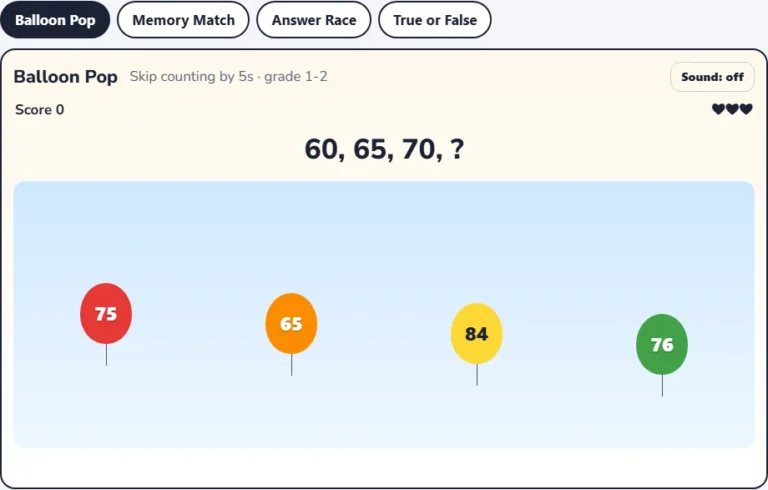 Counting by 5s game Balloon Pop with the pattern 60, 65, 70 and four answer balloons