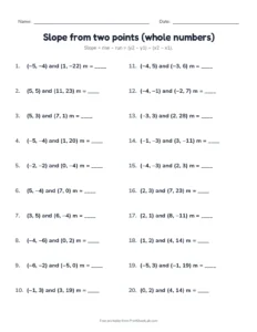 Slope from two points (whole numbers) (Set B) printable worksheet for grade 8