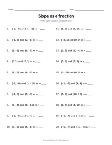 Slope as a fraction printable worksheet for grade 8