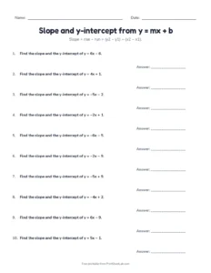 Slope and y-intercept from y = mx + b printable worksheet for grade 8