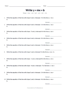 Write y = mx + b printable worksheet for grade 8