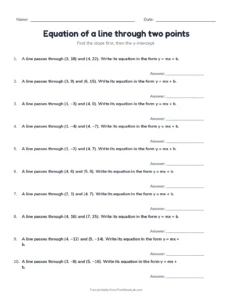 Equation of a line through two points printable worksheet for grade 8