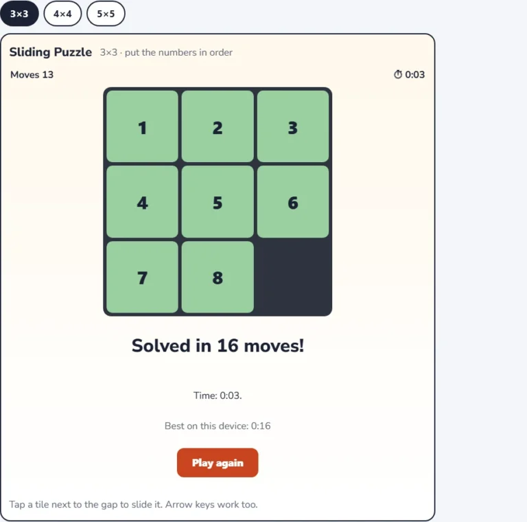 Sliding puzzle solved in 16 moves with the time and best score