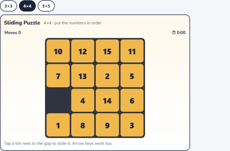 Sliding puzzle 15 puzzle: a new shuffled 4 by 4 board with 15 numbered tiles