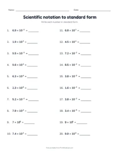 Scientific notation to standard form (Set B) printable worksheet for grade 8