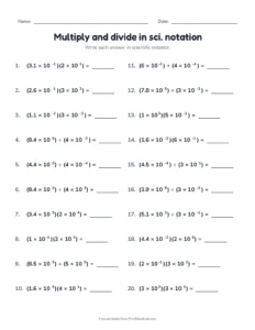 Multiply and divide in scientific notation (Set B) printable worksheet for grade 8