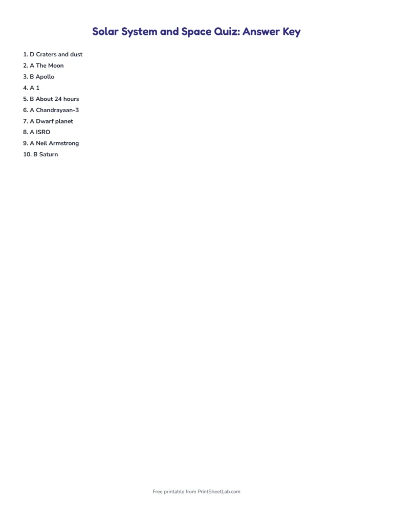 Solar system quiz answer key with every answer