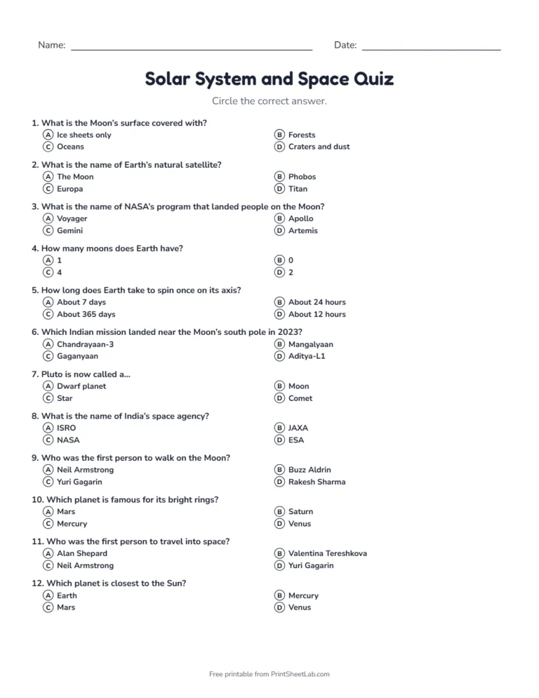 Solar system quiz sheet in black and white with 20 questions