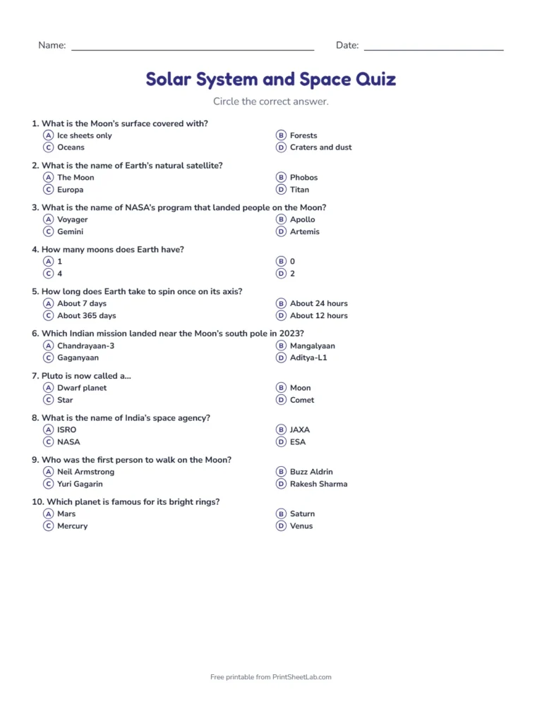 Solar system quiz: printable multiple-choice quiz sheet with 12 questions