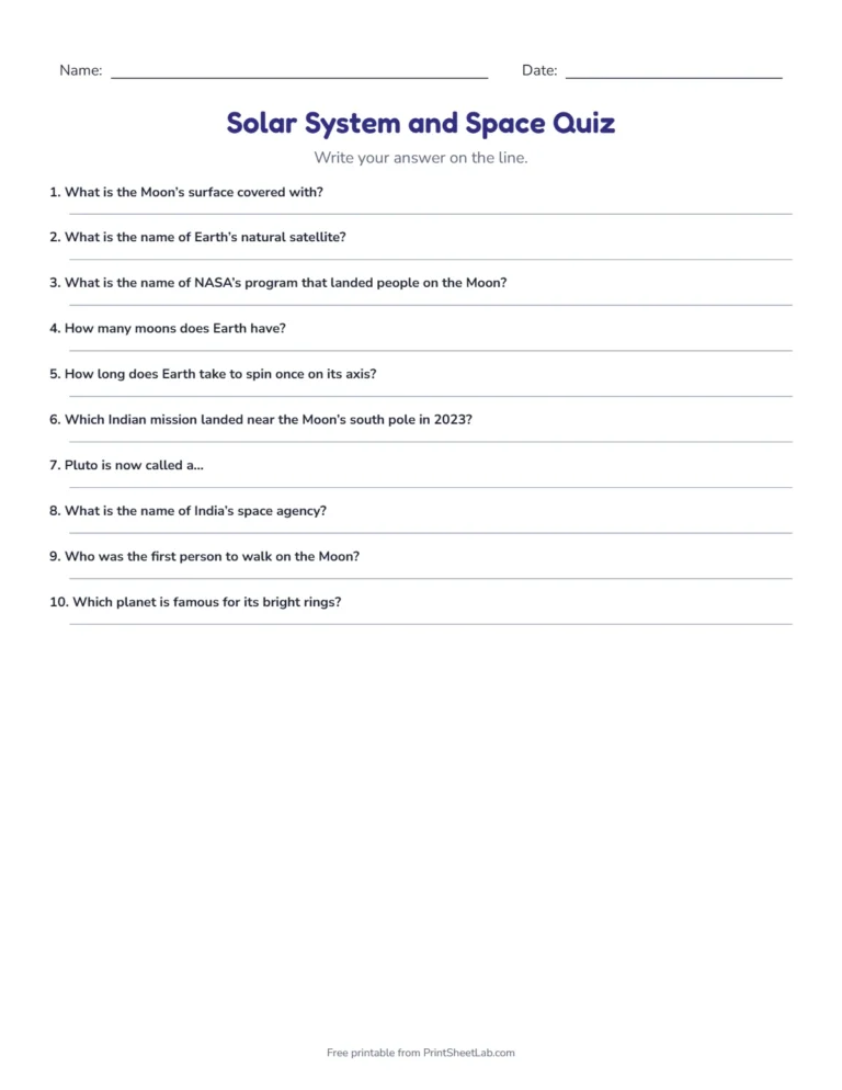 Solar system quiz write-in sheet with lines for the answers