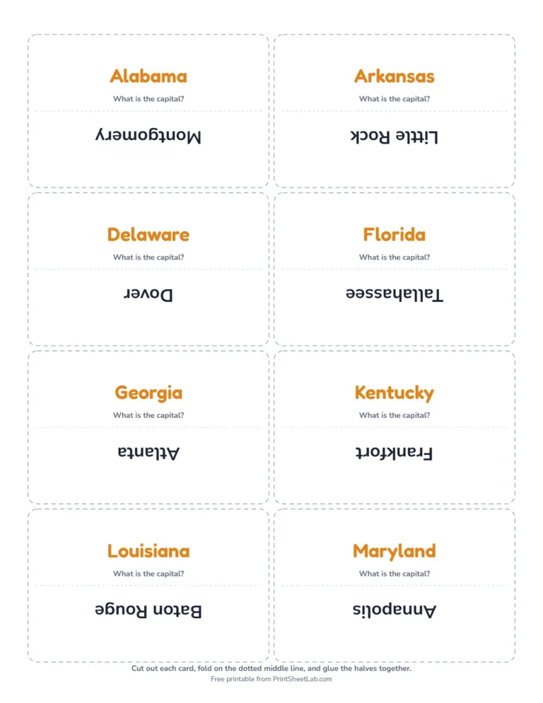 South capitals list as fold-over flash cards with the state on one side