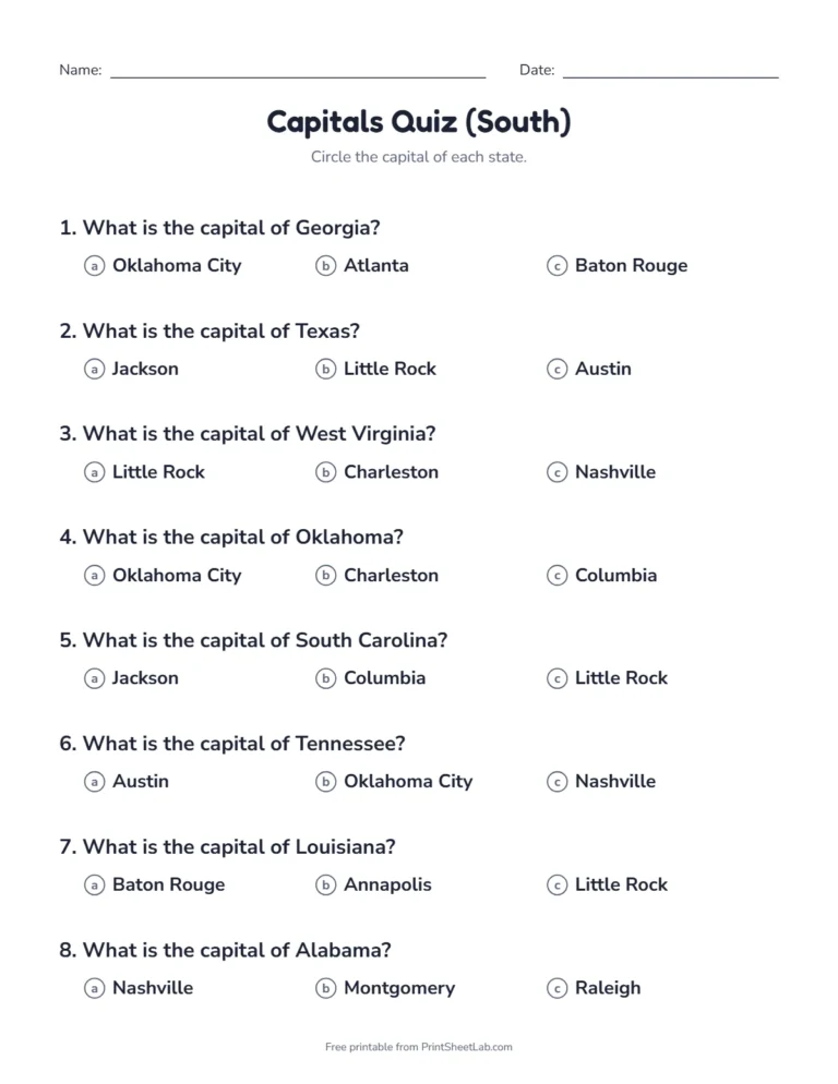 South states worksheet: a multiple choice quiz on the capitals