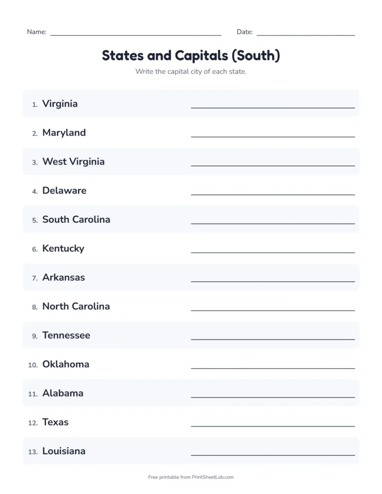 South states and capitals quiz: write the capital of each state, with an answer key