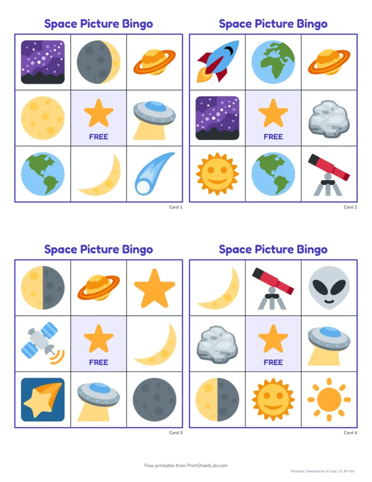 Space bingo cards for preschool: 3 by 3 picture-only cards with a free star