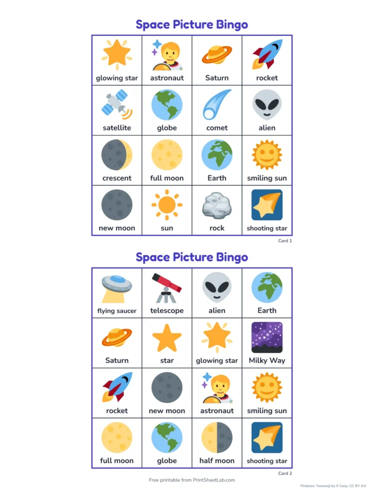 Space bingo printable: 4 by 4 picture cards with a word under each picture