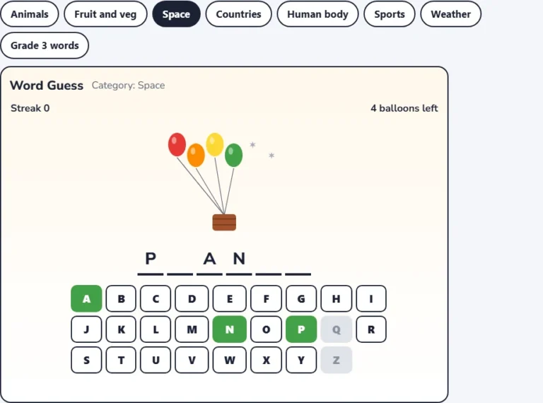 Word guess game for kids: space hangman in the middle of a round with balloons popped