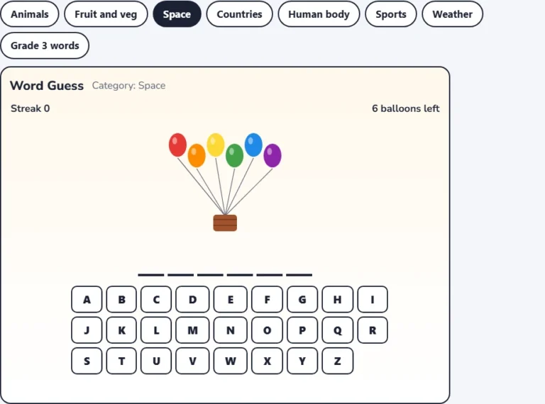 Space hangman game with a new hidden word, six balloons and the letter keyboard